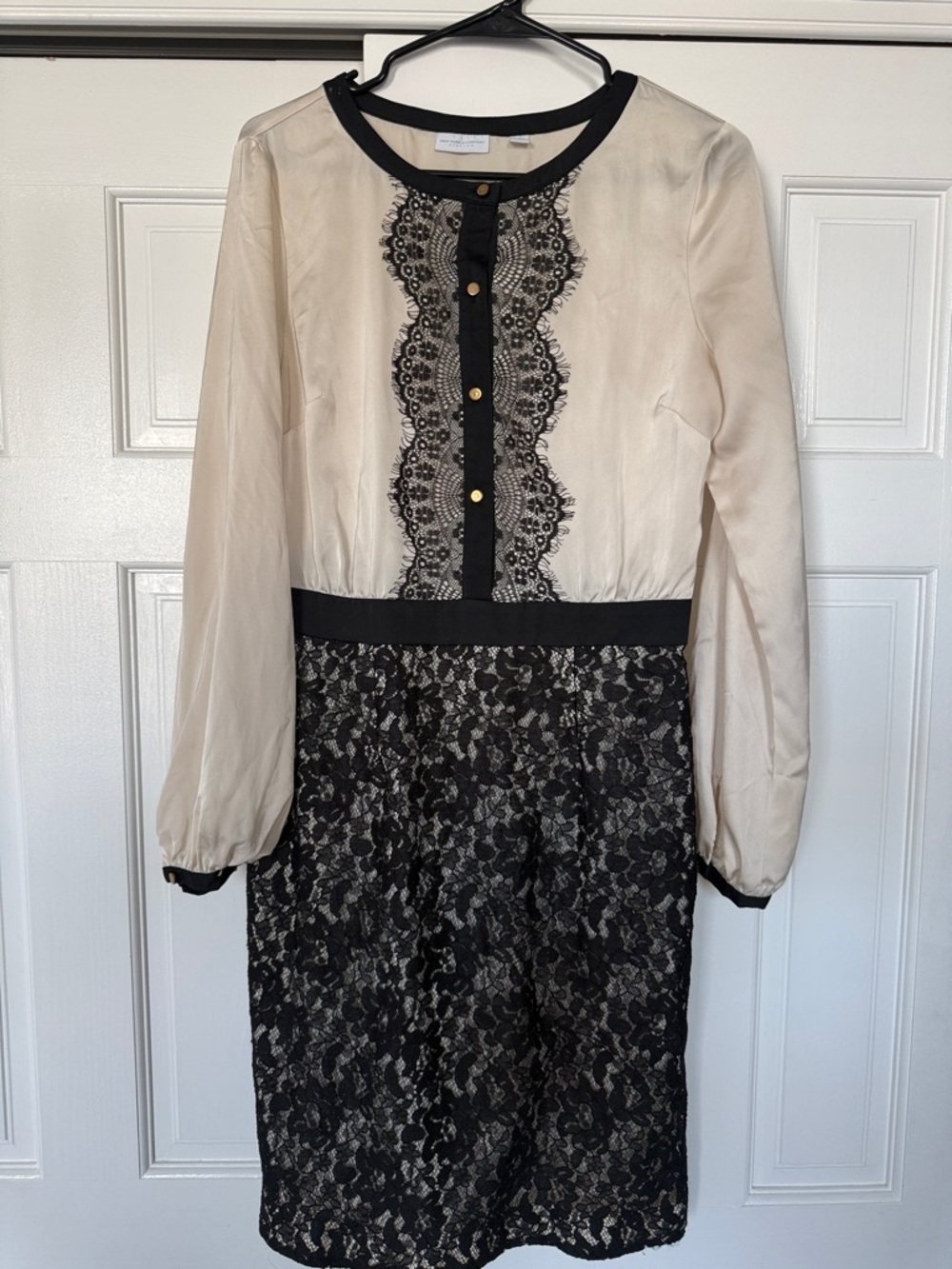 New York & Company Cream and Black Lace Long-Sleeve Dress